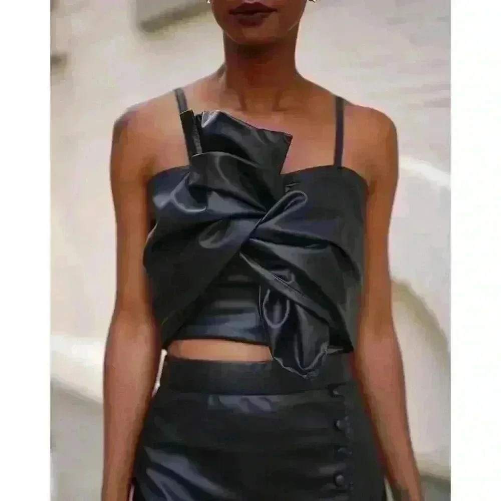 NWT The Drop Women's Black Faux Leather Bow Front Top by Signed Blake, Size S - Picture 3 of 16